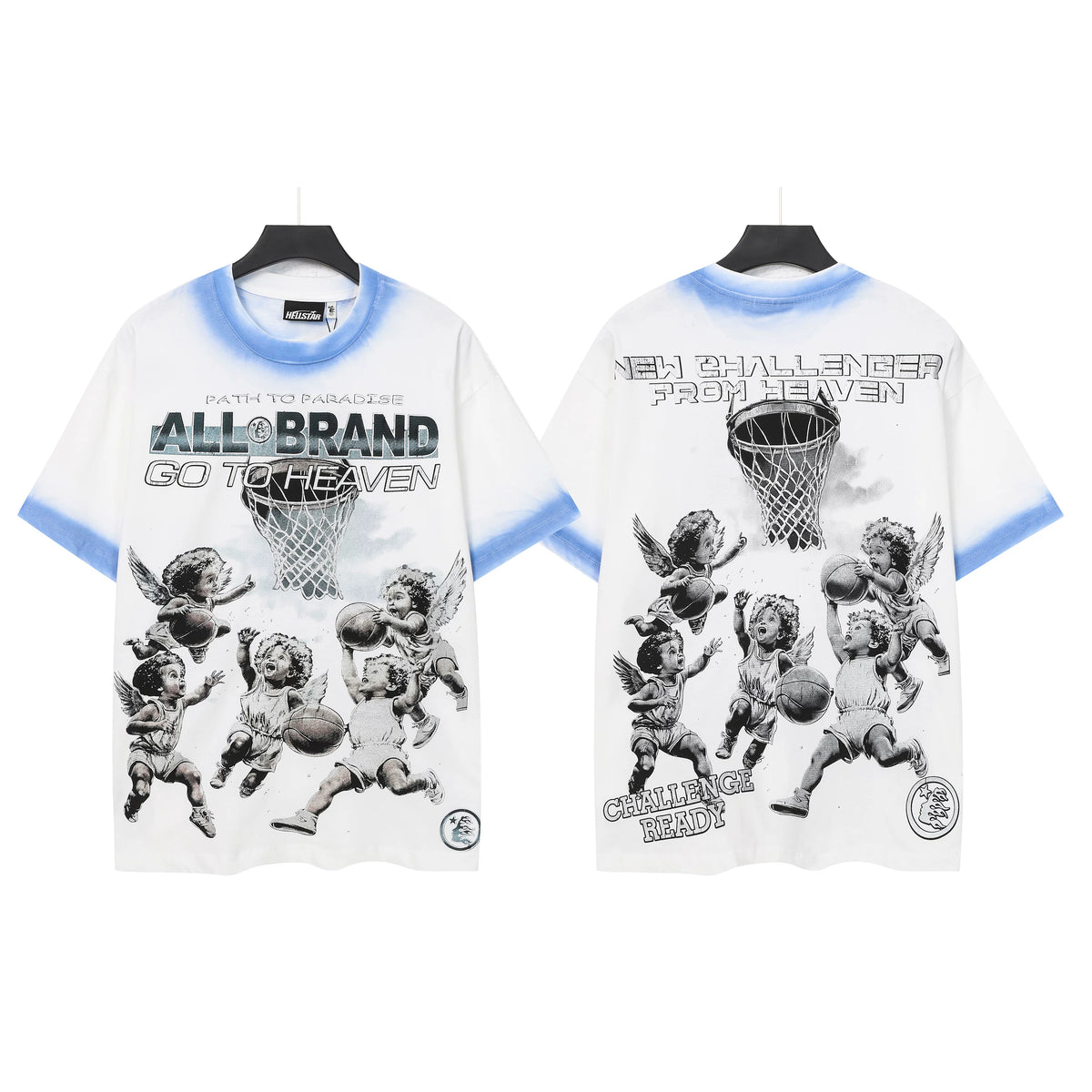 Hellstar Studios Angels Playing Basketball Blue Gradient Washed Oversized T-Shirt Unisex Short Sleeve Tee