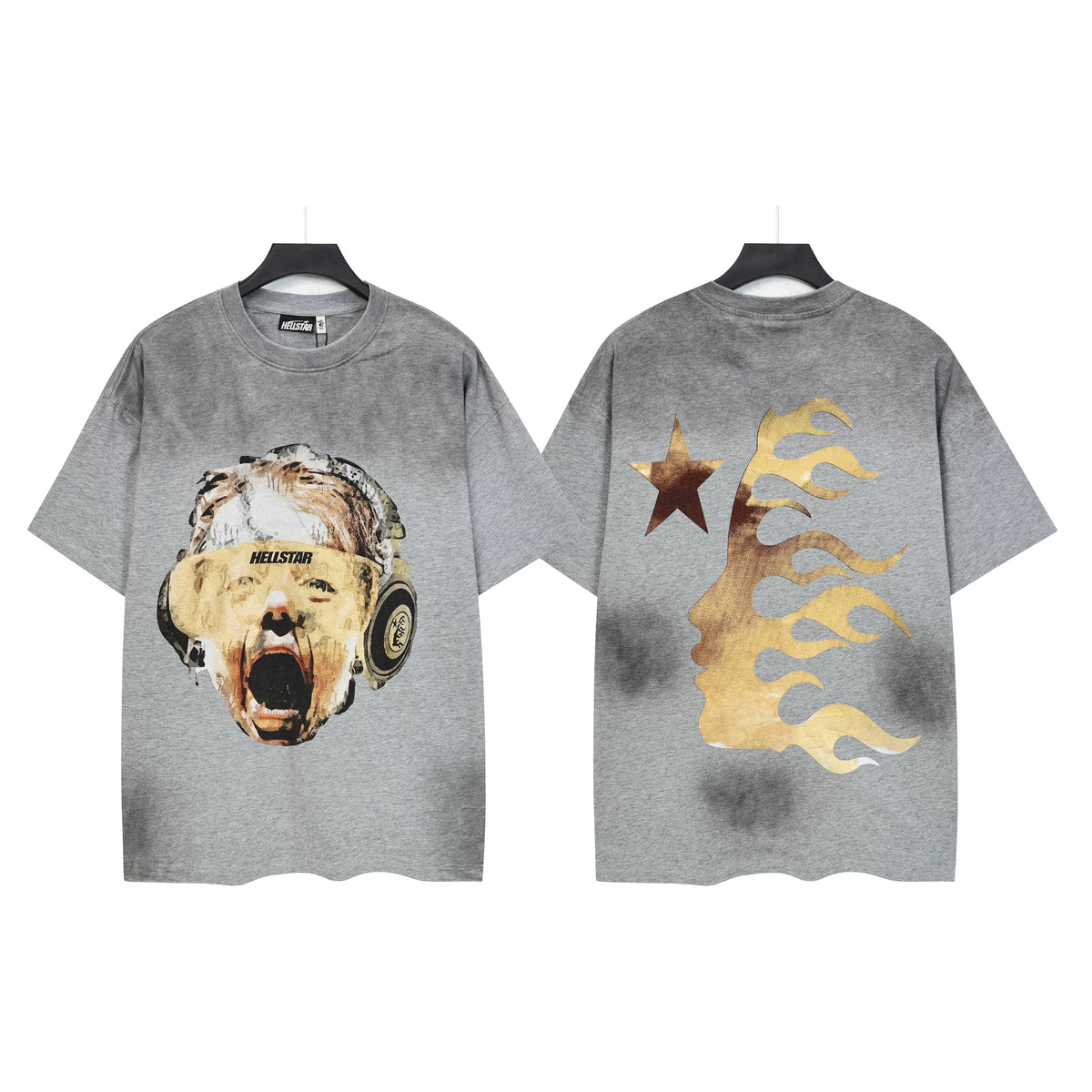 Hellstar Studios Headphone Screaming Portrait Vintage Washed Grey Oversized T-Shirt Unisex Short Sleeve Tee