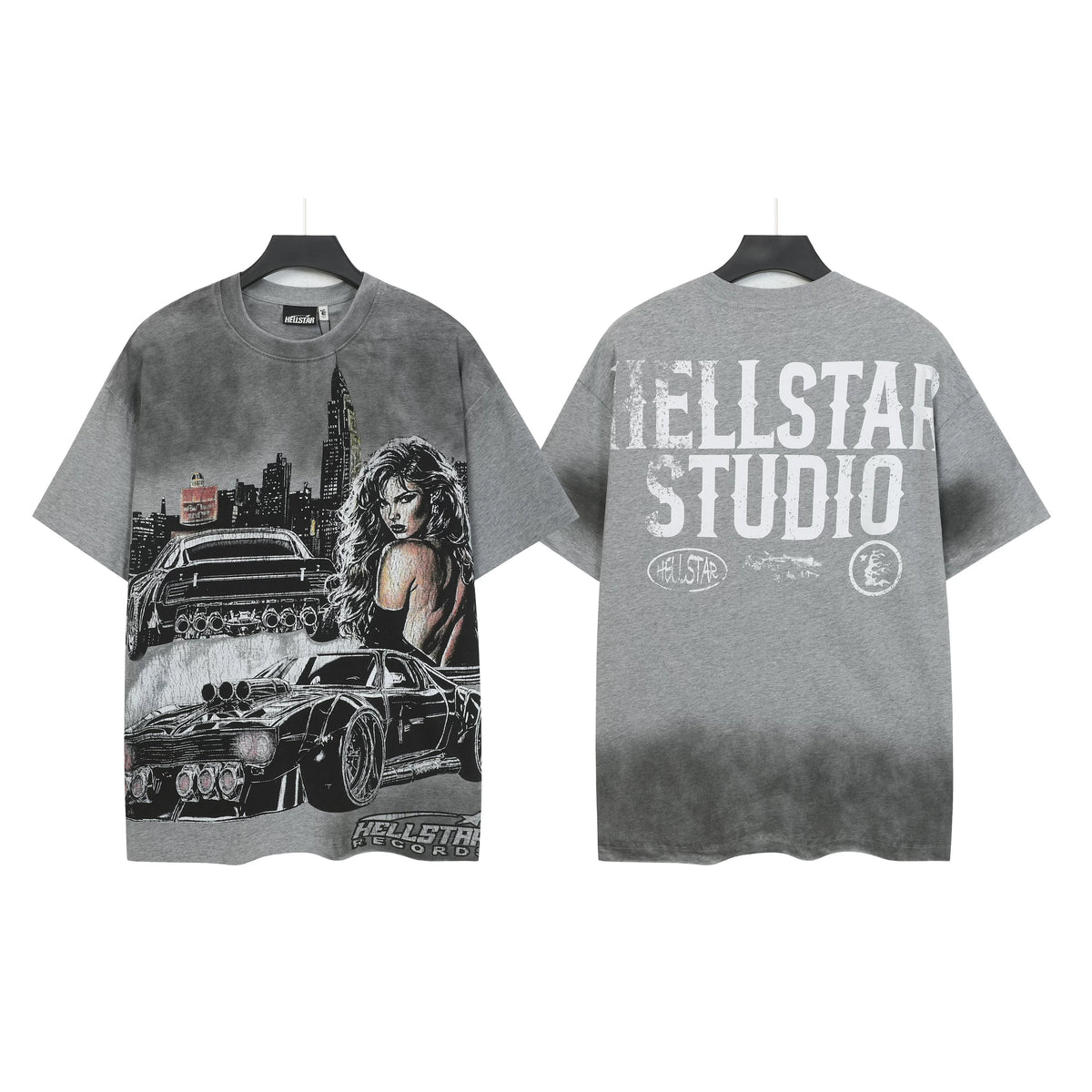 Hellstar Studios Vintage Wash City Muscle Car Girl Graphic Oversized T-Shirt Unisex Grey Short Sleeve Tee