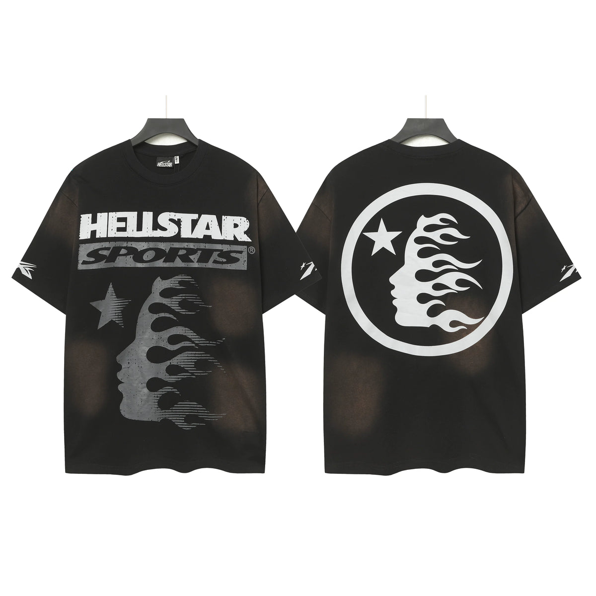 Hellstar Studios Sports Circular Flame Portrait Vintage Washed Oversized T-Shirt Unisex Black Short Sleeve Tee