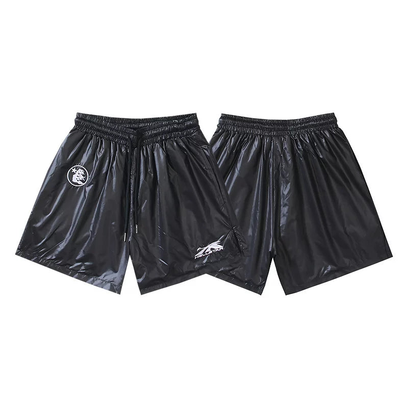 Hellstar Black Shiny Glossy Logo Print Streetwear Loose Shorts
