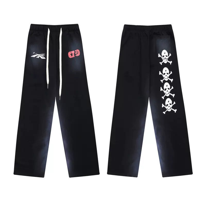 Vintage Faded Black Skull Graphic Wide‑Leg Sweatpants