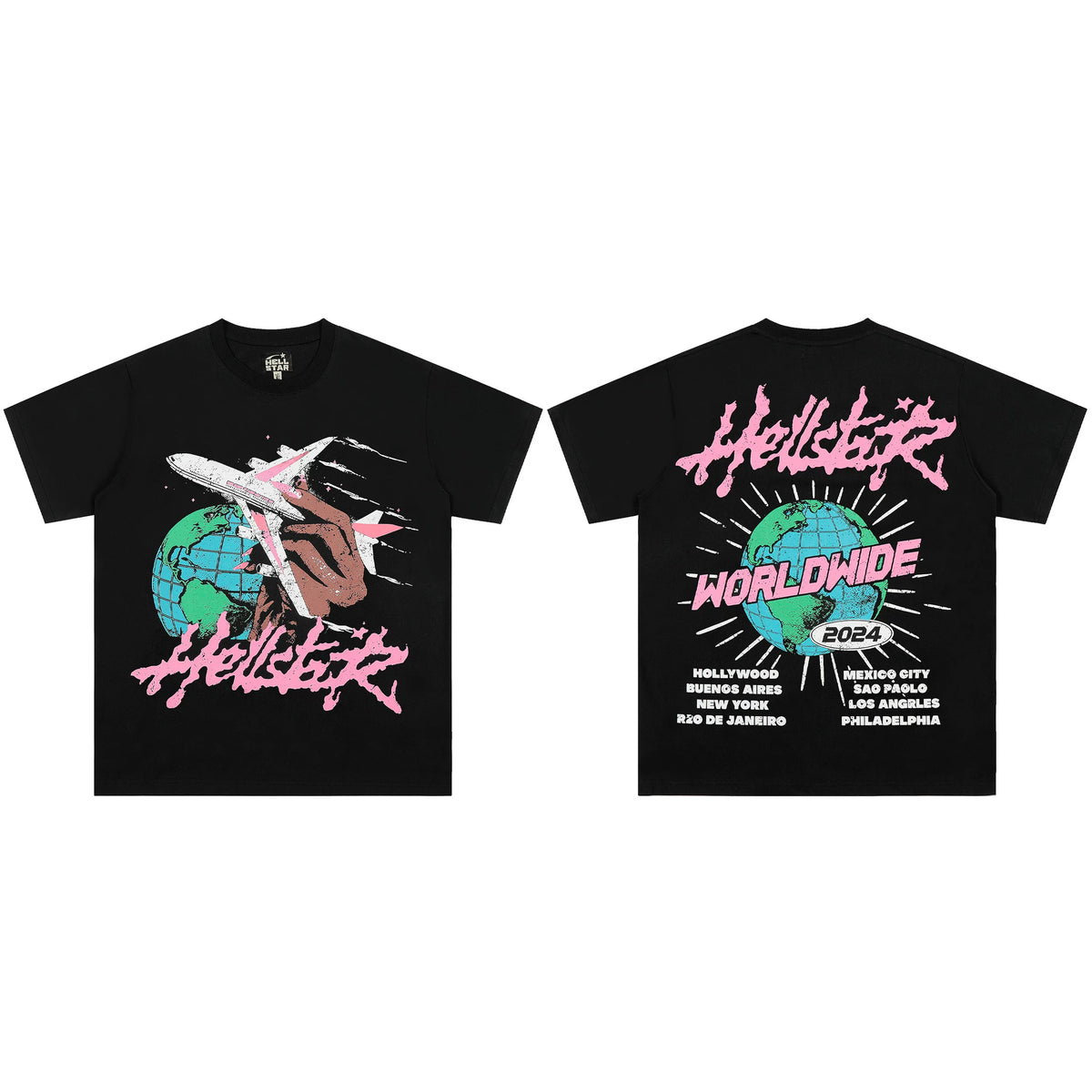 Hellstar Worldwide 2024 T-Shirt Black - Airplane Globe Graphic World Tour Cities Print Streetwear Tee