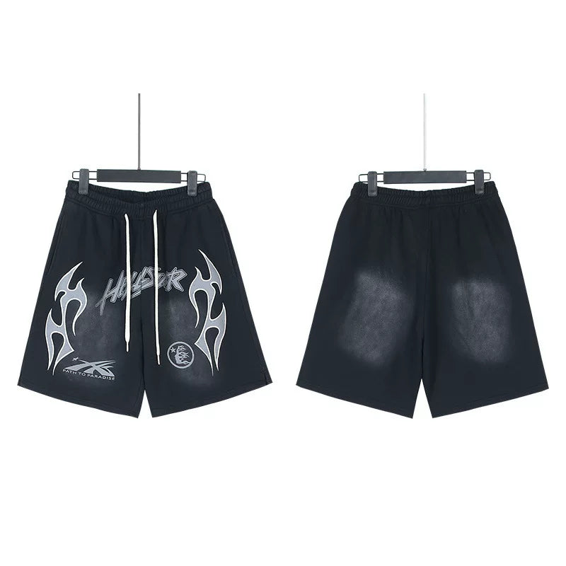 Hellstar "Path To Paradise" Flame Logo Vintage Washed Loose‑Fit Casual Sweat Shorts With Pockets