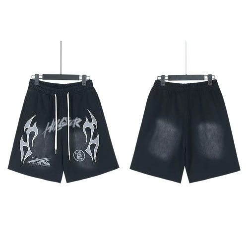 Hellstar "Path To Paradise" Flame Logo Vintage Washed Loose‑Fit Casual Sweat Shorts With Pockets