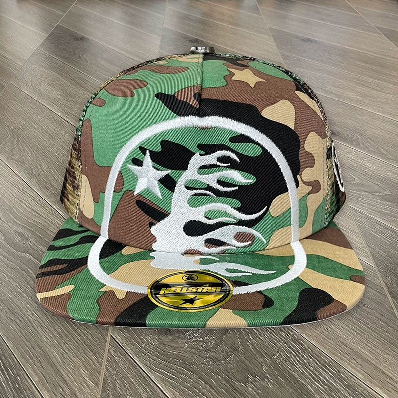 Hellstar Camouflage Mesh 3D Embroidery Flat Brim Trucker Cap