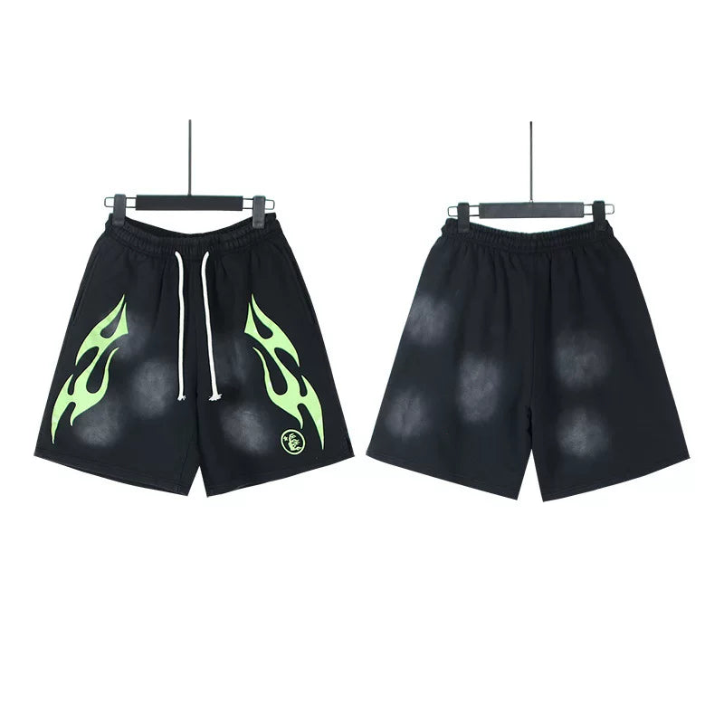 Hellstar Black Neon‑Green‑Flame Logo Streetwear Loose Casual Shorts