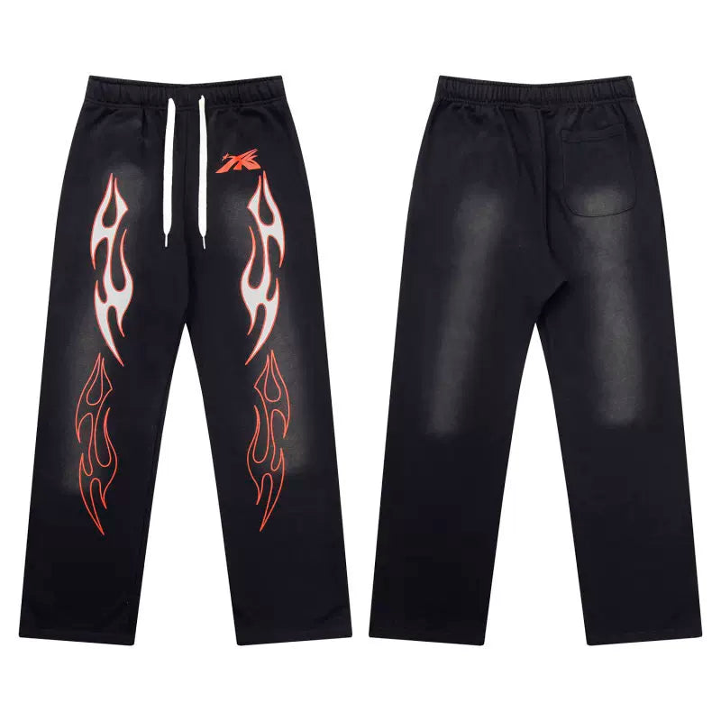 Hellstar Vintage Faded Black Red‑Outline Flame Graphic Wide‑Leg Sweatpants