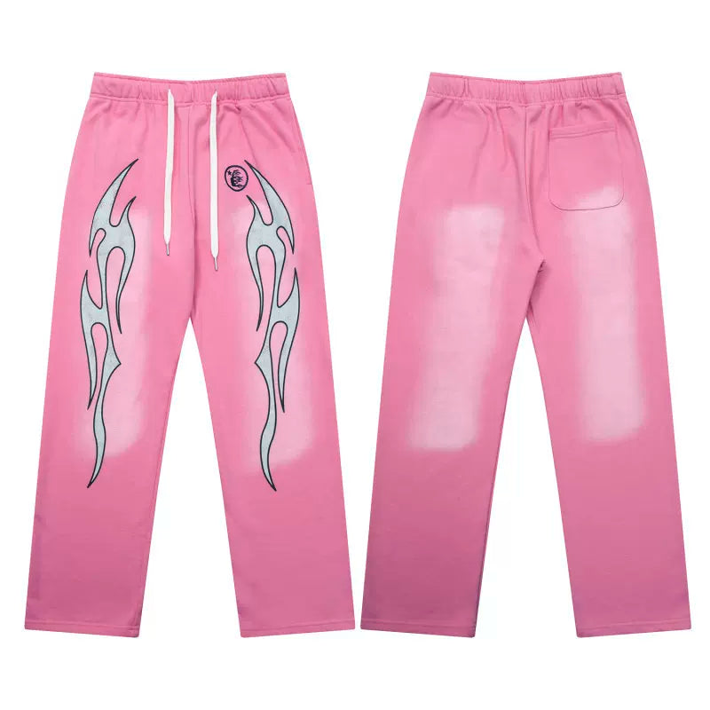 Hellstar Vintage Faded Pink Flame Graphic Wide‑Leg Sweatpants