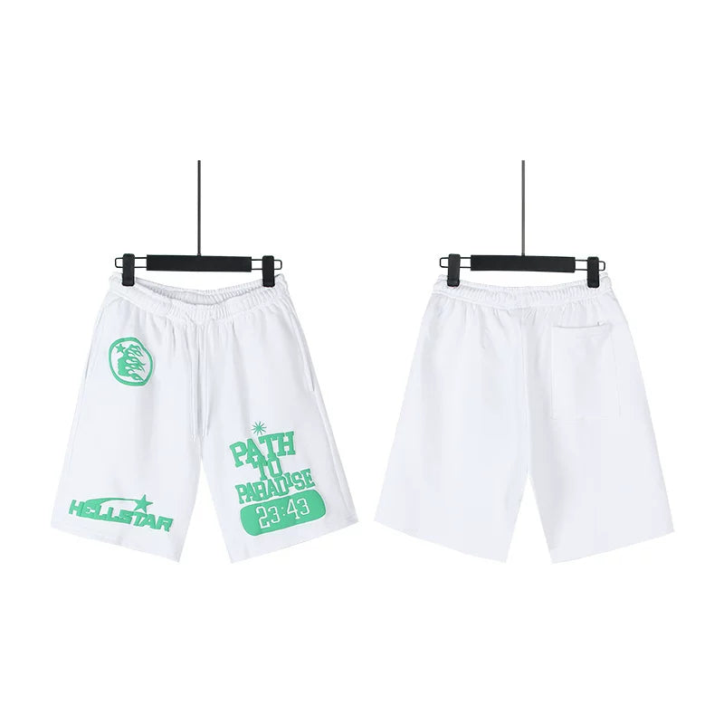 Hellstar White Green Path To Paradise Logo Print Streetwear Sweat Shorts
