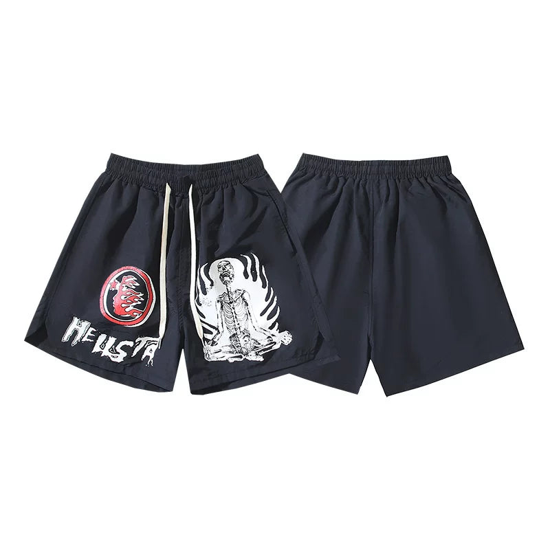 Hellstar Black Skeleton Graphic Streetwear Loose Shorts