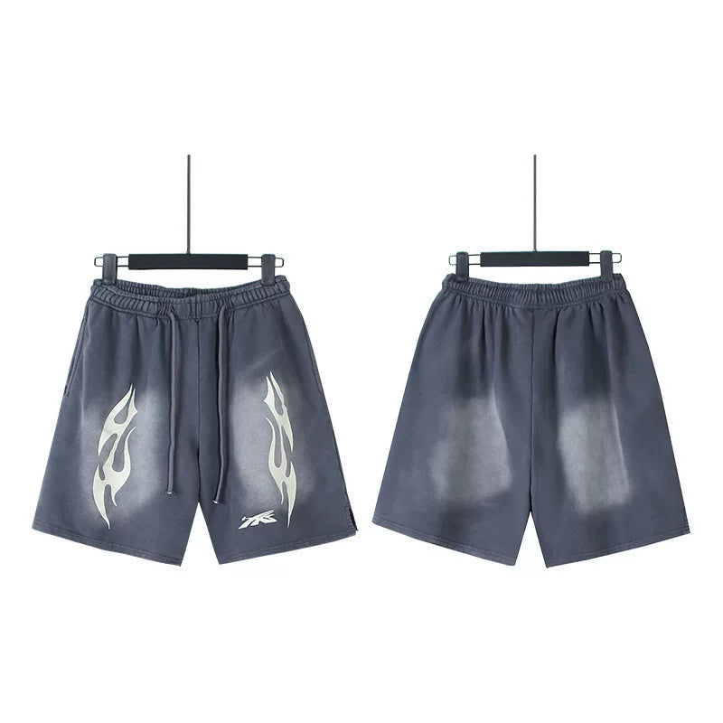 Hellstar Off‑White Flame Graphic Streetwear Loose Casual Shorts