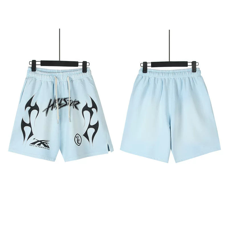 Hellstar Light‑Blue Flame Graphic Streetwear Loose Casual Shorts