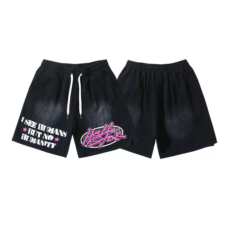 Hellstar Pink Graffiti Logo Streetwear Loose Casual Shorts