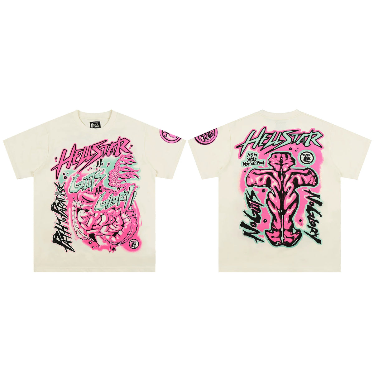 Hellstar No Guts No Glory T-Shirt Cream - Pink Anatomical Organs Graphic It's In You Streetwear Tee