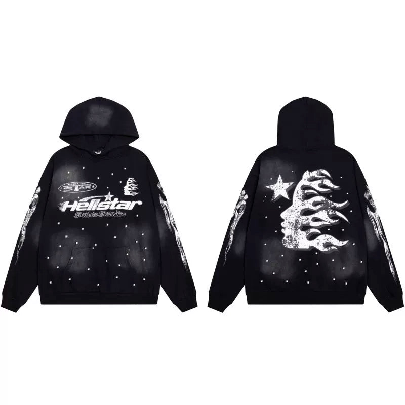 Hellstar Studios Black Cloud Wash Vintage Distressed Star Portrait Unisex Hoodie Sweatshirt