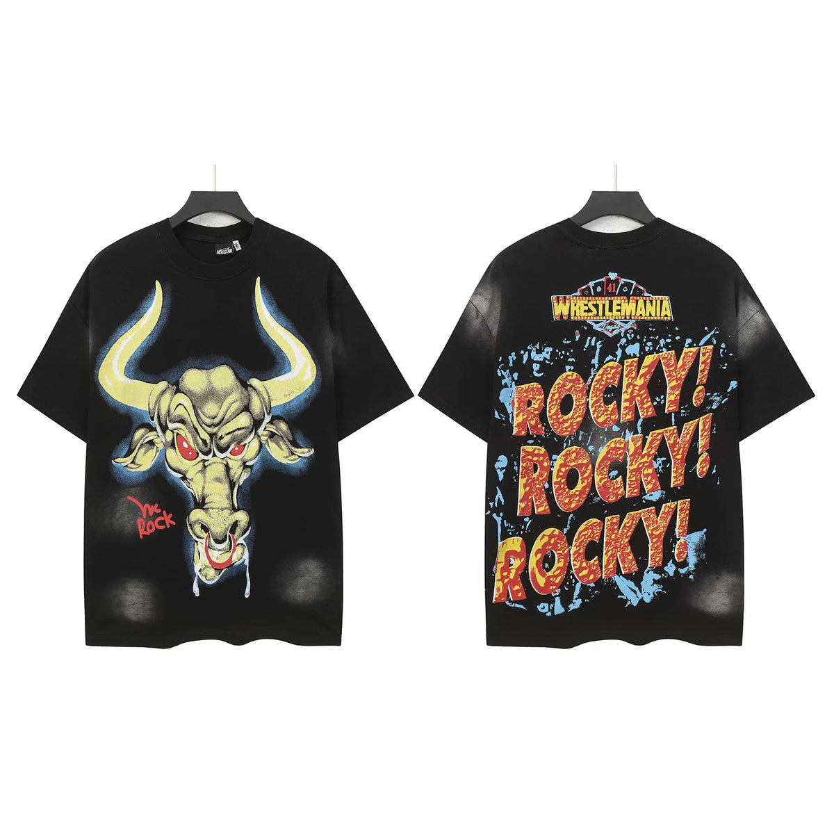 Hellstar Studios The Rock Bull Head Wrestlemania Vintage Washed Oversized T-Shirt Unisex Black Short Sleeve Tee