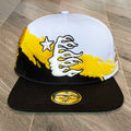 Hellstar White‑Black‑Gold Splash‑Paint 3D Embroidery Flat Brim Snapback Cap