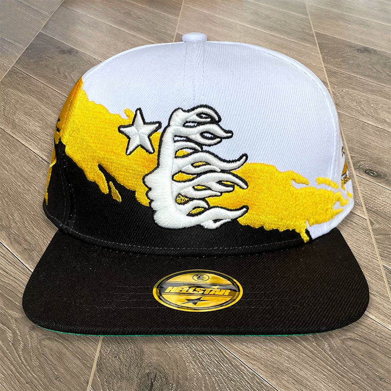 Hellstar White‑Black‑Gold Splash‑Paint 3D Embroidery Flat Brim Snapback Cap
