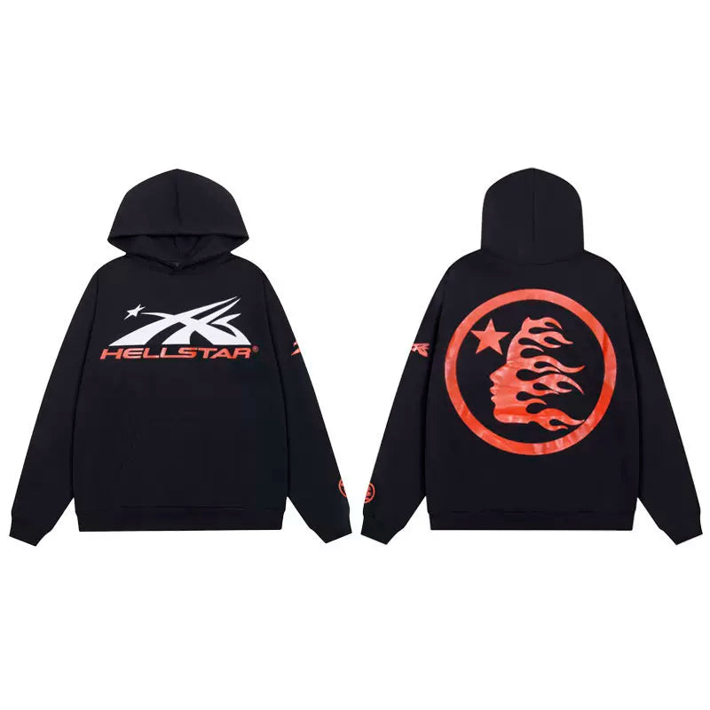 Hellstar Studios Black Front Arrow Logo Red Circular Portrait Hoodie Unisex Sweatshirt