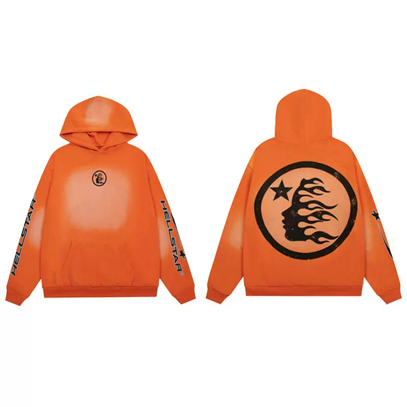 Hellstar Studios Orange Cloud Wash Circular Flame Portrait Hoodie Unisex Sweatshirt