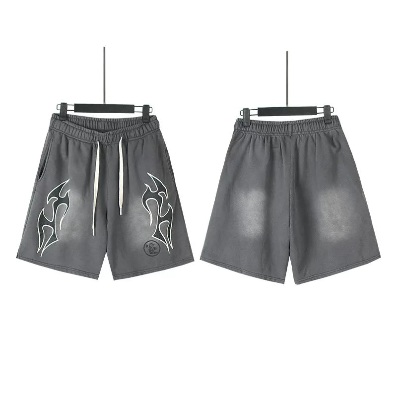 Hellstar Flame Print Vintage Washed‑Out Loose Casual Shorts