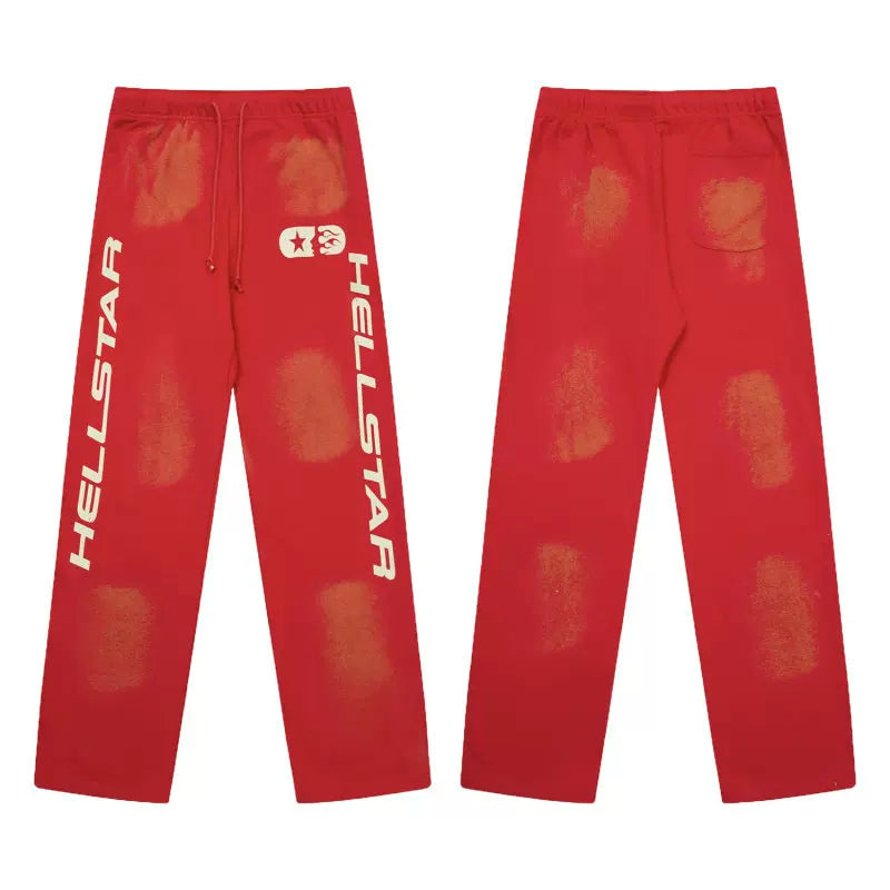 Hellstar Vintage Distressed Red Letter Print Wide‑Leg Sweatpants