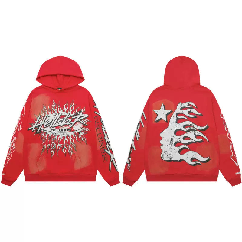 Hellstar Studios Red Cloud Wash Vintage Flame Portrait Unisex Hoodie Sweatshirt