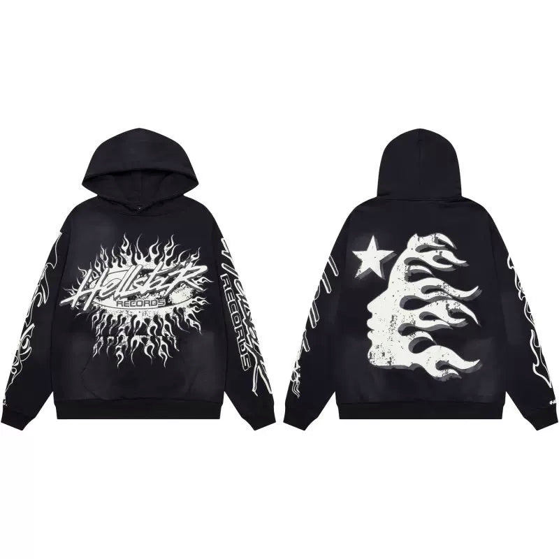 Hellstar Studios Black Cloud Wash Vintage Flame Portrait Unisex Hoodie Sweatshirt