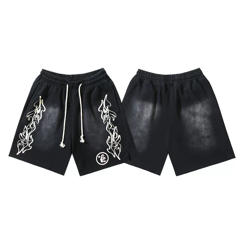 Hellstar Black Vertical Flame Print Streetwear Loose Shorts