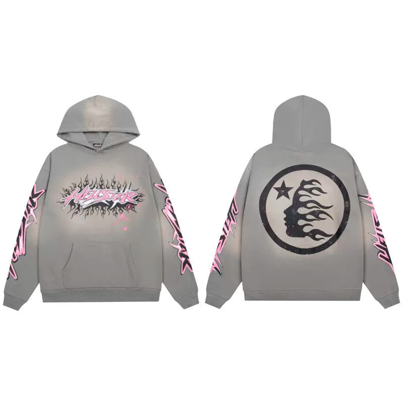 Hellstar Studios Gray Pink Graffiti Flame Logo Cloud Wash Hoodie Unisex Sweatshirt