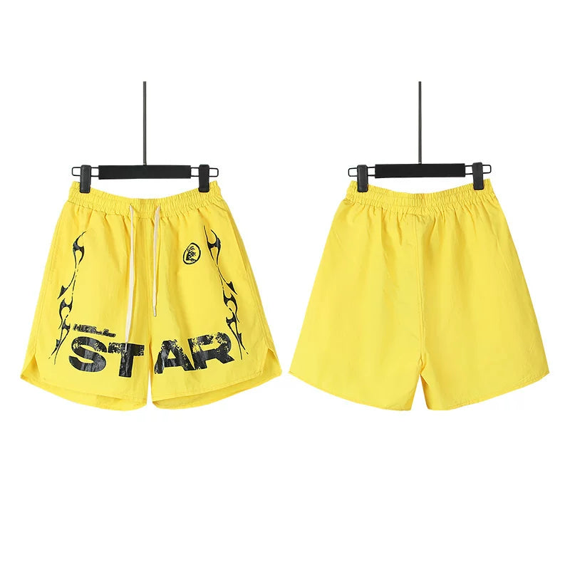 Hellstar Yellow Distressed STAR Letter Flame Print Streetwear Loose Shorts