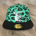 Hellstar Green Leopard‑Print White 3D Embroidery Flat Brim Snapback Cap