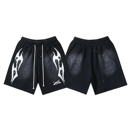 Hellstar Black Abstract Flame Print Streetwear Loose Shorts