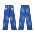 Vintage Washed Blue Wide‑Leg Sweatpants, Graphic Print Loose Drawstring Casual Trousers