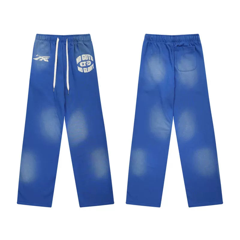 Vintage Washed Blue Wide‑Leg Sweatpants, Graphic Print Loose Drawstring Casual Trousers