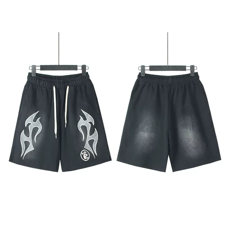 Hellstar Shorts for Men, Tribal Flame Print Vintage Washed Casual Shorts