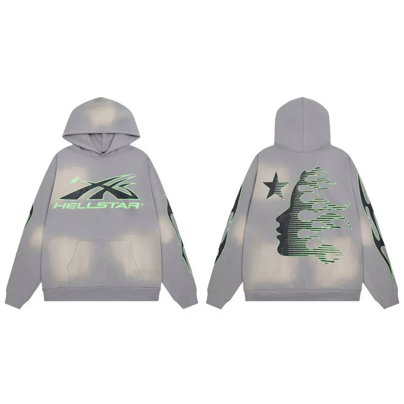 Hellstar Studios Gray Cloud Wash Fluorescent Green Line Portrait Unisex Hoodie Sweatshirt