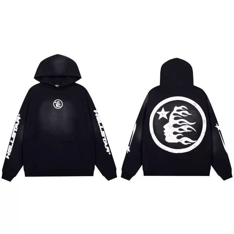Hellstar Studios Black Cloud Wash Circular Flame Portrait Hoodie Unisex Sweatshirt