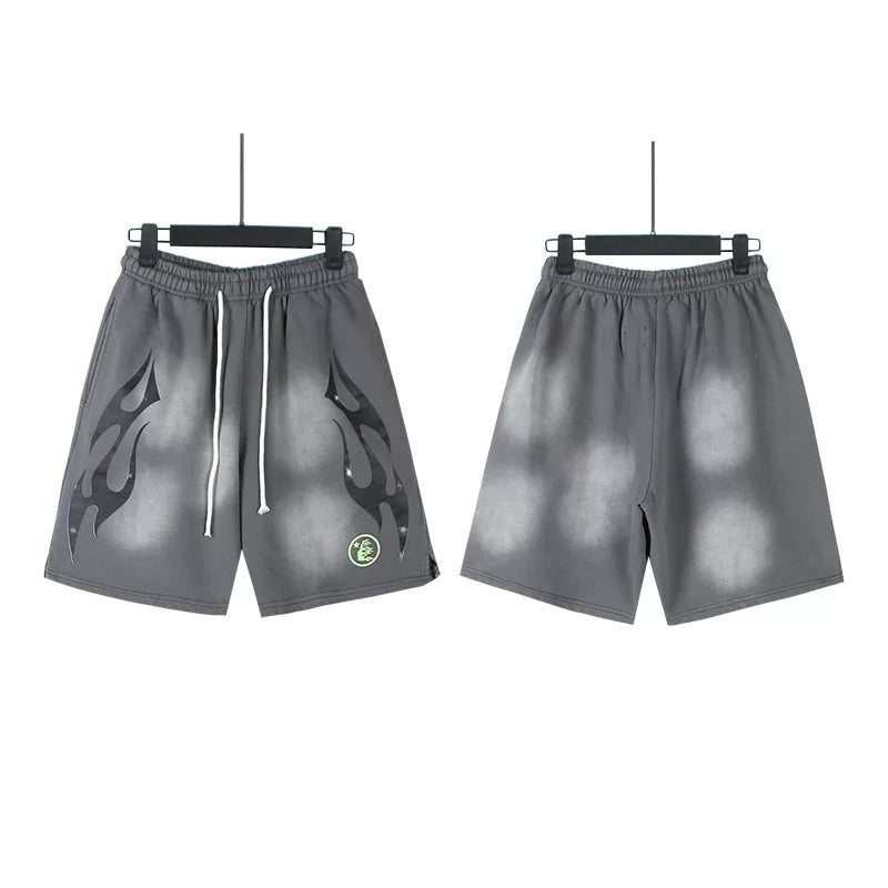 Hellstar Grey Black‑Flame Logo Streetwear Loose Casual Shorts