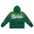 Vale Forever Graphic Full-Zip Hoodie (Green / Rhinestone Script & Flame Sleeves)